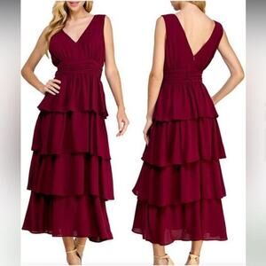New ▶️ Koko + Mason ◀️Maroon Ruffle Tiered Midi Dress
